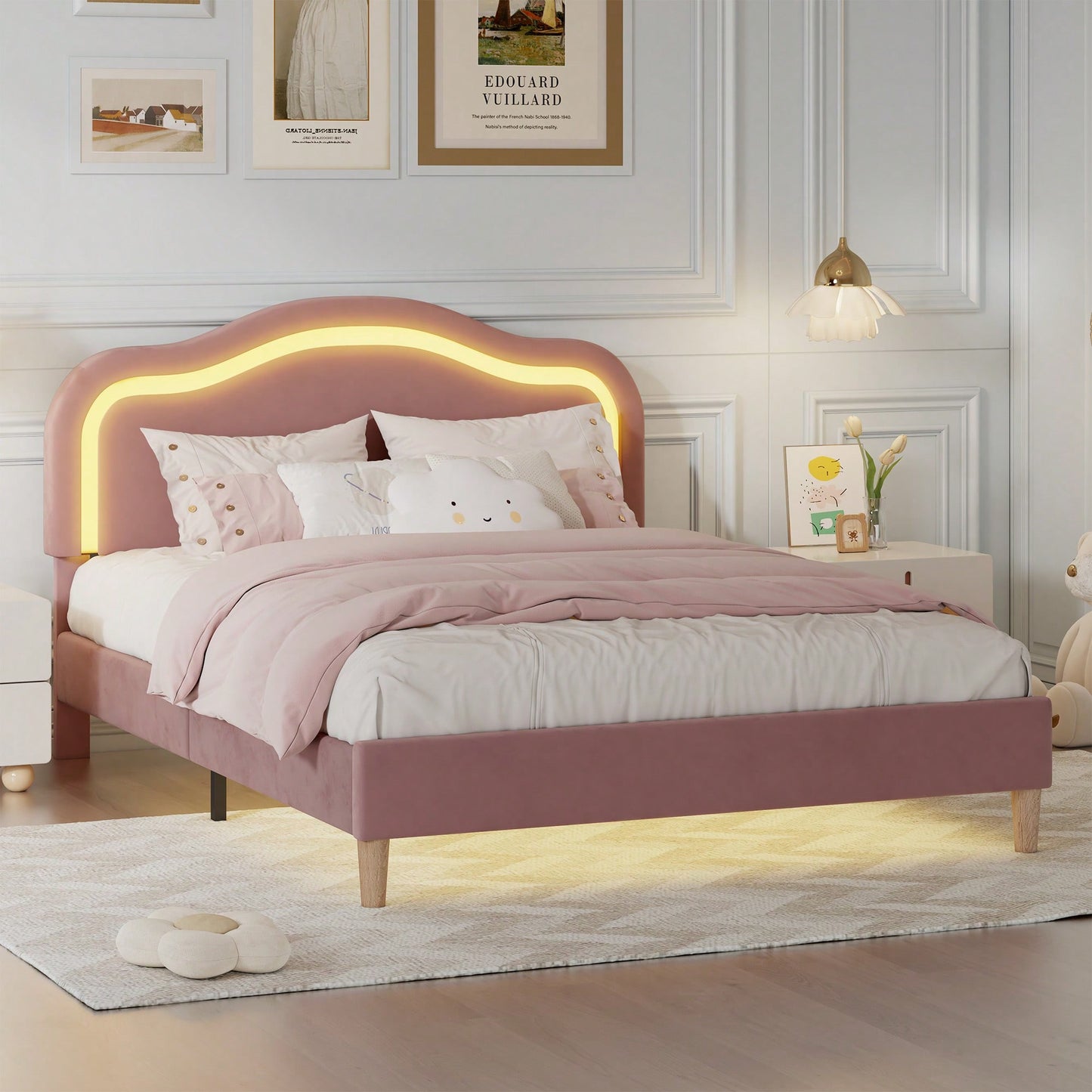 Elegant Velvet Queen Size Smart LED Bed Frame With Adjustable Height Headboard Easy Assembly No Box Spring Required Beige