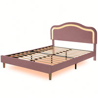 Elegant Velvet Queen Size Smart LED Bed Frame With Adjustable Height Headboard Easy Assembly No Box Spring Required Beige