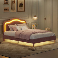 Elegant Velvet Queen Size Smart LED Bed Frame With Adjustable Height Headboard Easy Assembly No Box Spring Required Beige