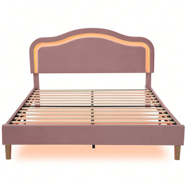 Elegant Velvet Queen Size Smart LED Bed Frame With Adjustable Height Headboard Easy Assembly No Box Spring Required Beige