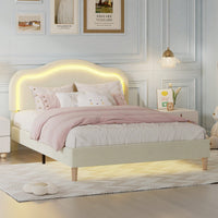 Elegant Velvet Queen Size Smart LED Bed Frame With Adjustable Height Headboard Easy Assembly No Box Spring Required Beige