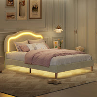 Elegant Velvet Queen Size Smart LED Bed Frame With Adjustable Height Headboard Easy Assembly No Box Spring Required Beige