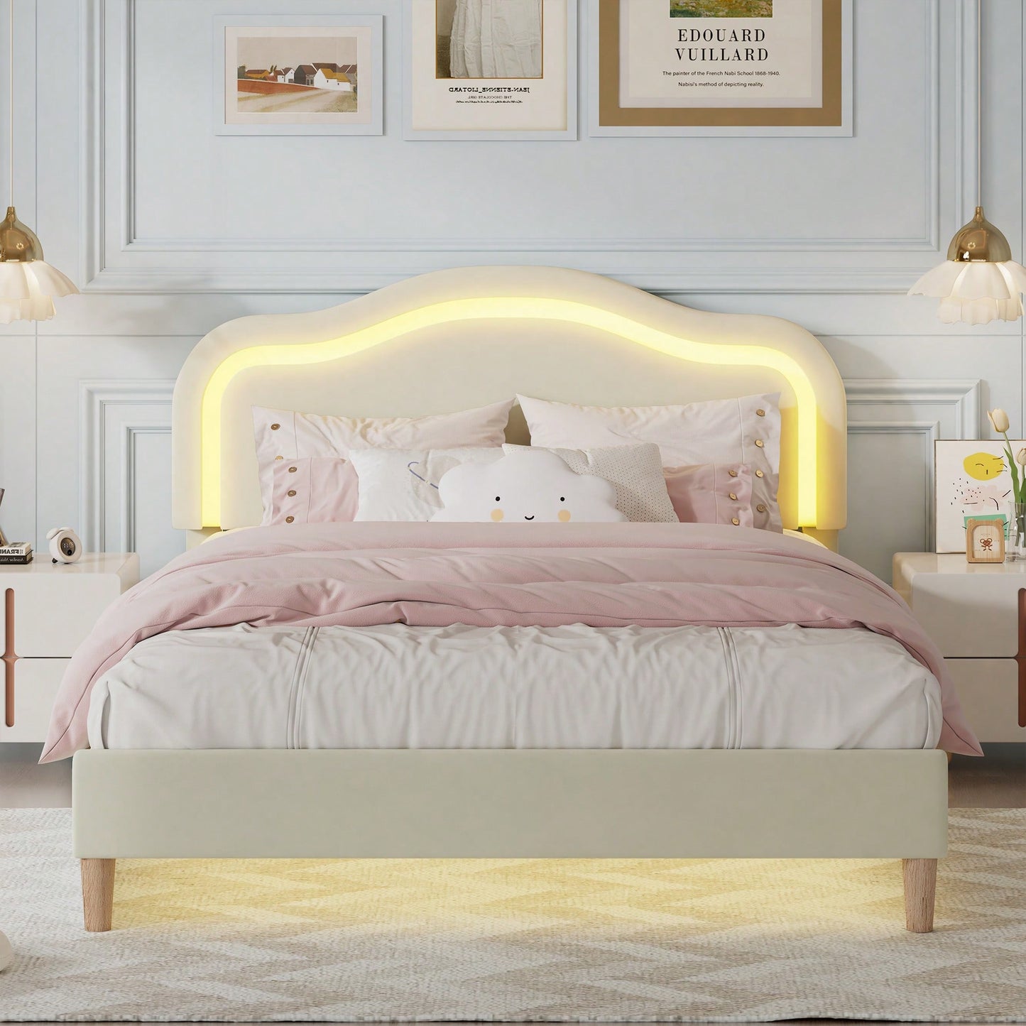 Elegant Velvet Queen Size Smart LED Bed Frame With Adjustable Height Headboard Easy Assembly No Box Spring Required Beige