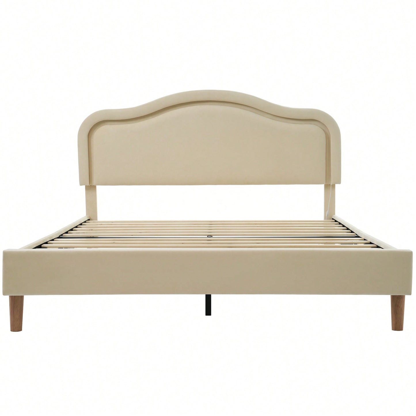 Elegant Velvet Queen Size Smart LED Bed Frame With Adjustable Height Headboard Easy Assembly No Box Spring Required Beige