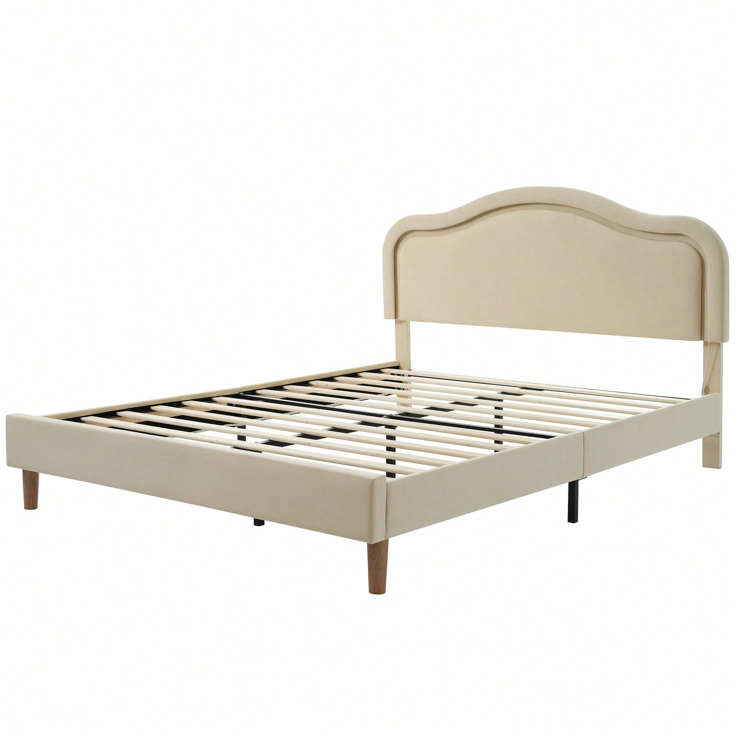 Elegant Velvet Queen Size Smart LED Bed Frame With Adjustable Height Headboard Easy Assembly No Box Spring Required Beige