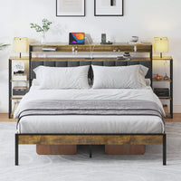 Queen Size Platform Bed Frame With Storage And LED Lights, Velvet Headboard With Bookcase Shelves, No Box Spring Required, Noise Free Design