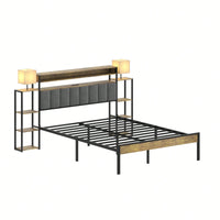 Queen Size Platform Bed Frame With Storage And LED Lights, Velvet Headboard With Bookcase Shelves, No Box Spring Required, Noise Free Design
