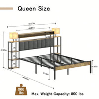 Queen Size Platform Bed Frame With Storage And LED Lights, Velvet Headboard With Bookcase Shelves, No Box Spring Required, Noise Free Design