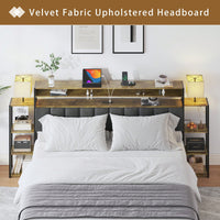 Queen Size Platform Bed Frame With Storage And LED Lights, Velvet Headboard With Bookcase Shelves, No Box Spring Required, Noise Free Design