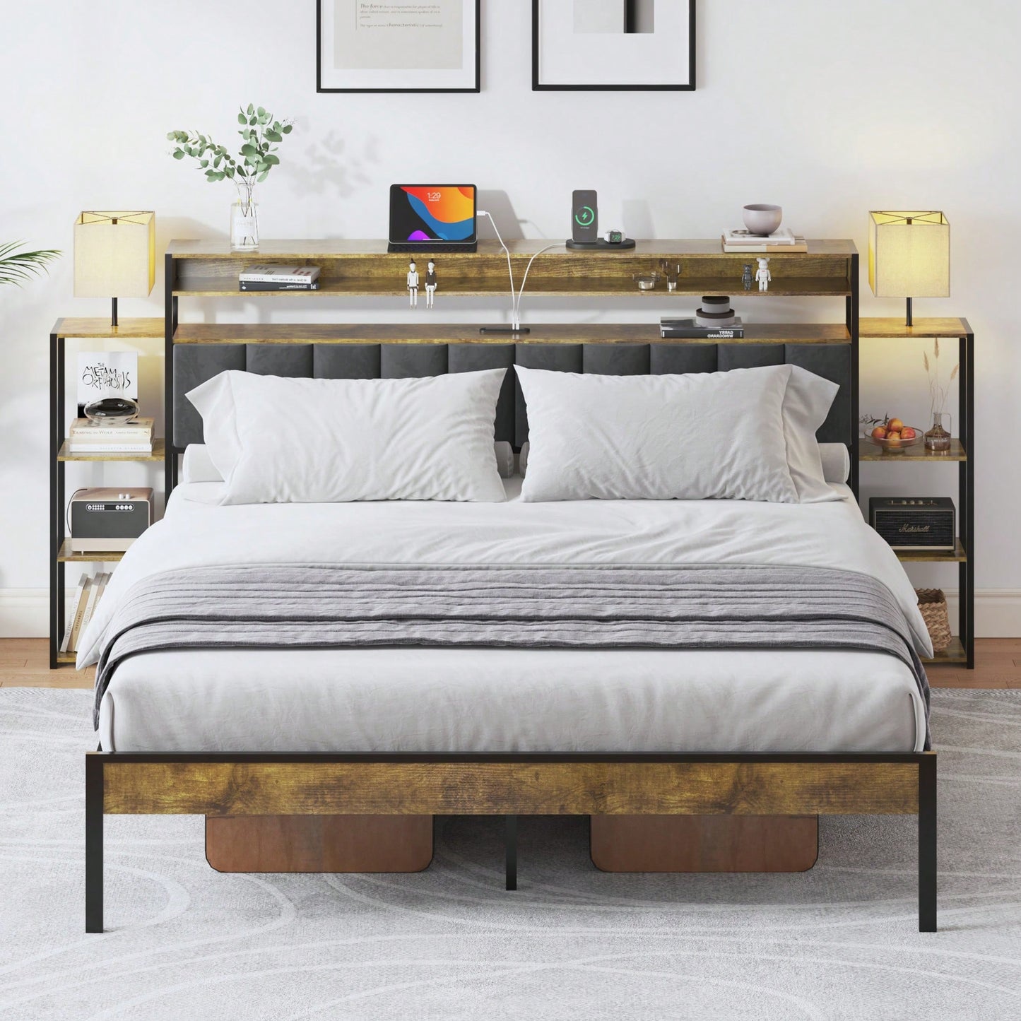 King Size Platform Bed Frame With Storage And LED Lights, Dark Gray Velvet Headboard With Bookcase Shelves, No Box Spring Required, Noise-Free Design