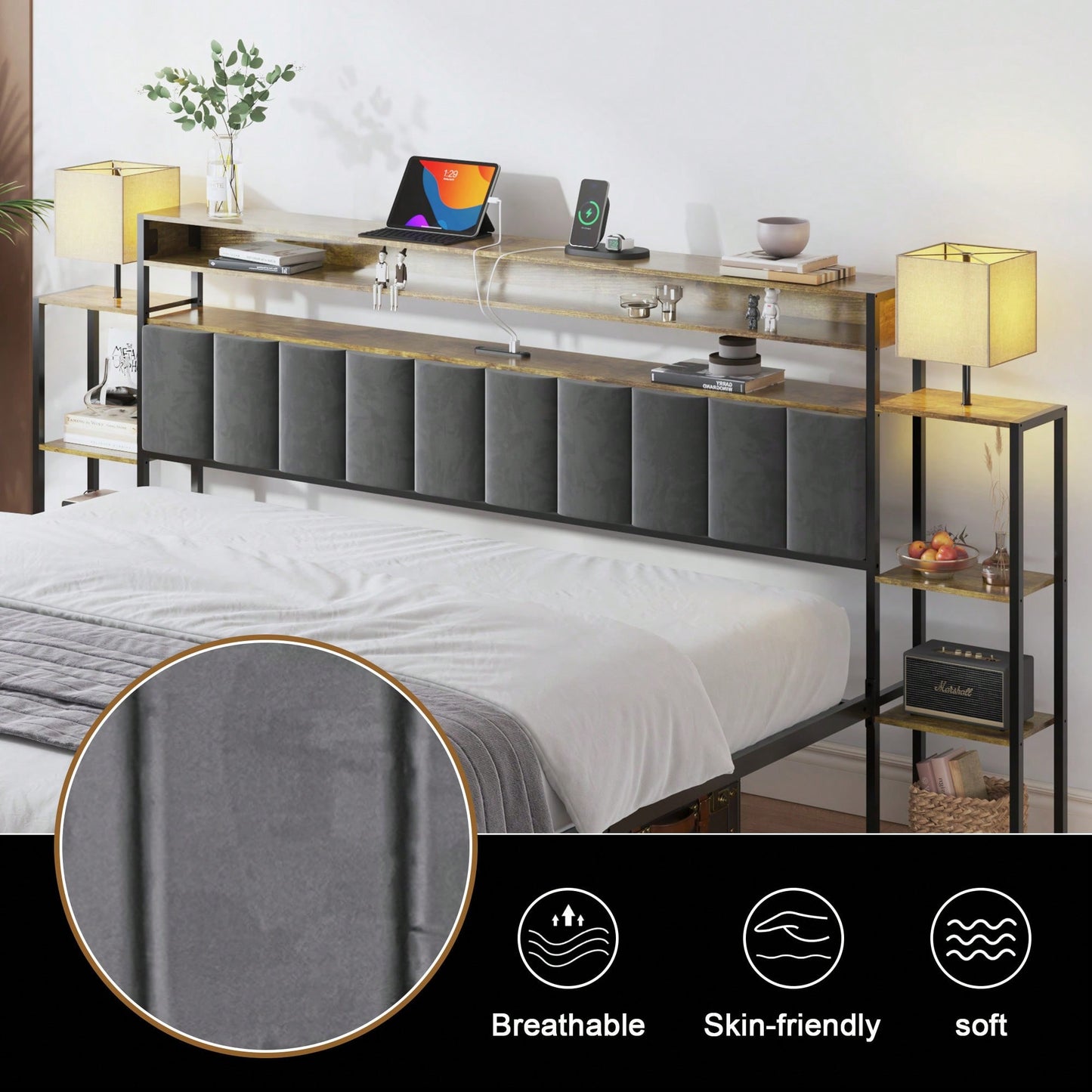 King Size Platform Bed Frame With Storage And LED Lights, Dark Gray Velvet Headboard With Bookcase Shelves, No Box Spring Required, Noise-Free Design