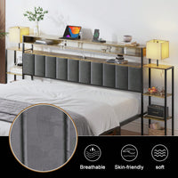 King Size Platform Bed Frame With Storage And LED Lights, Dark Gray Velvet Headboard With Bookcase Shelves, No Box Spring Required, Noise-Free Design