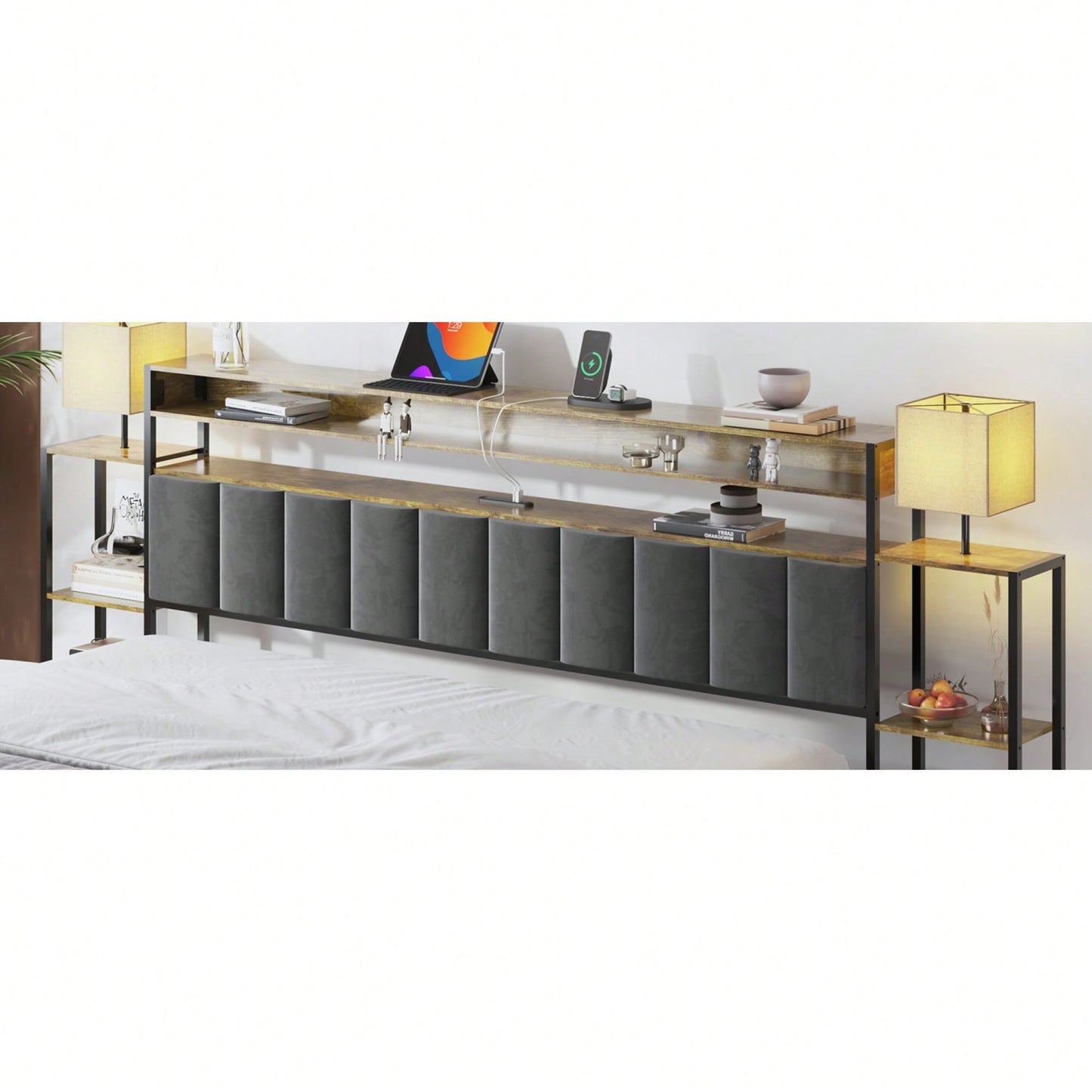 King Size Platform Bed Frame With Storage And LED Lights, Dark Gray Velvet Headboard With Bookcase Shelves, No Box Spring Required, Noise-Free Design