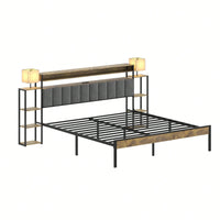 King Size Platform Bed Frame With Storage And LED Lights, Dark Gray Velvet Headboard With Bookcase Shelves, No Box Spring Required, Noise-Free Design