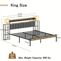 King Size Platform Bed Frame With Storage And LED Lights, Dark Gray Velvet Headboard With Bookcase Shelves, No Box Spring Required, Noise-Free Design