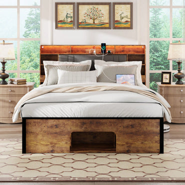 Upholstered Queen Bed Frame With Storage Headboard, Charging Station, LED Lighting, And Pet Bed, No Box Spring Required, Easy Assembly, No Noise Rustic Brown