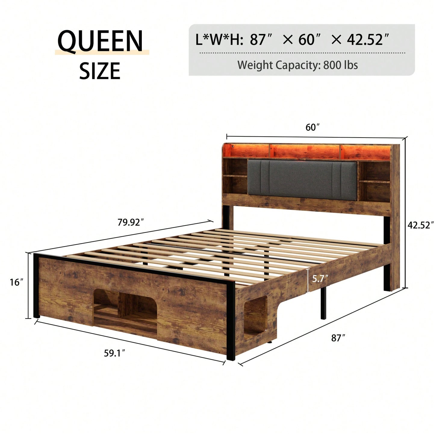 Upholstered Queen Bed Frame With Storage Headboard, Charging Station, LED Lighting, And Pet Bed, No Box Spring Required, Easy Assembly, No Noise Rustic Brown