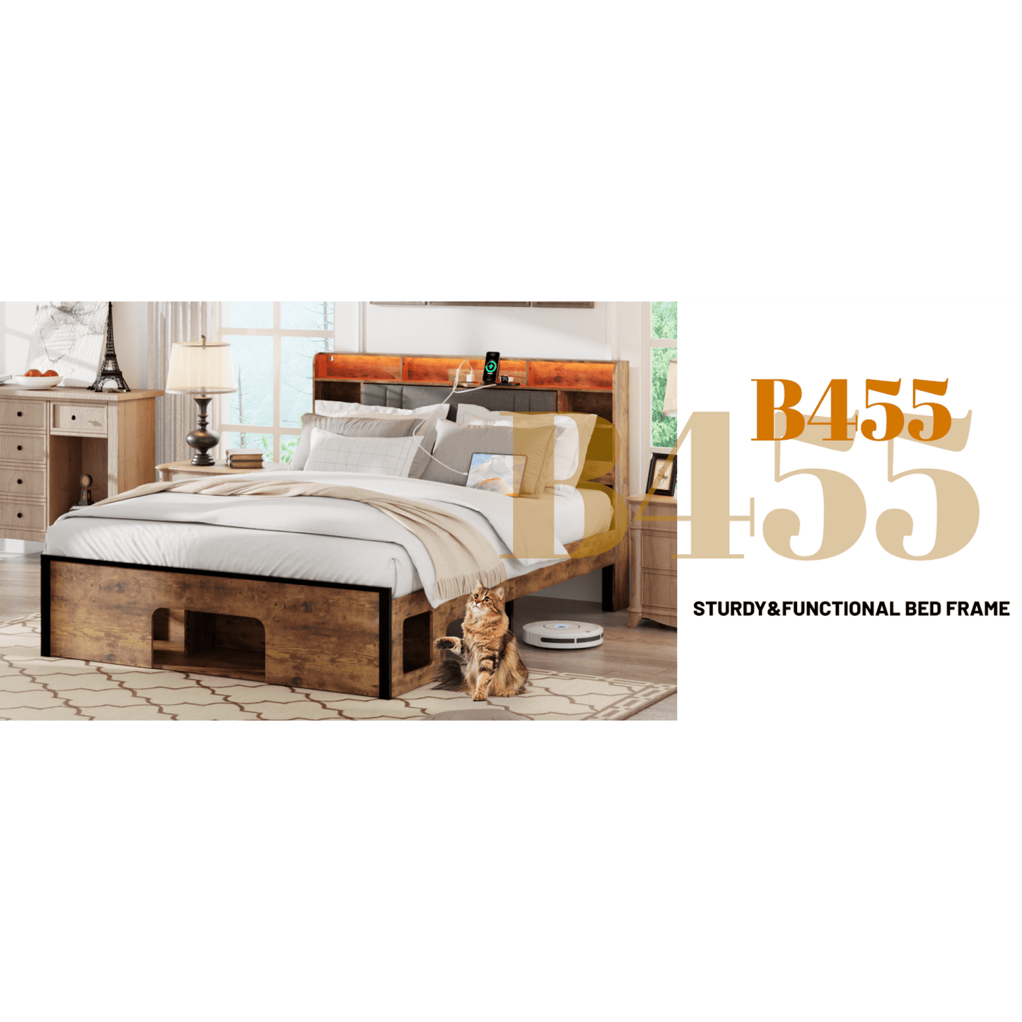 Upholstered Queen Bed Frame With Storage Headboard, Charging Station, LED Lighting, And Pet Bed, No Box Spring Required, Easy Assembly, No Noise Rustic Brown