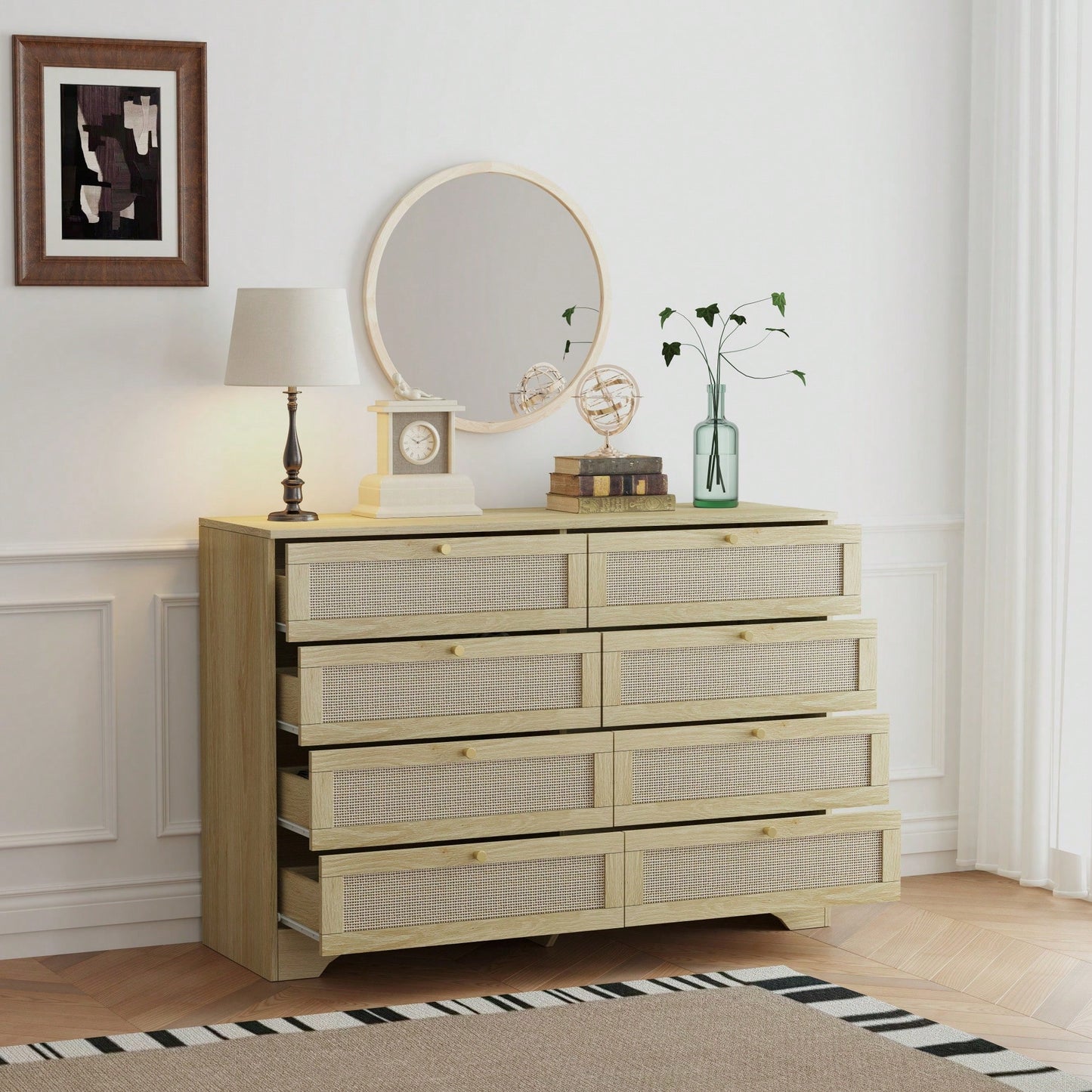 Natural Rattan 8 Drawer Double Dresser Boho Style Wooden Chest With Golden Handles For Bedroom Closet Living Room