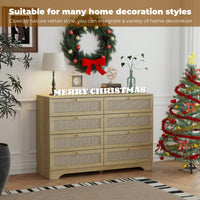 Natural Rattan 8 Drawer Double Dresser Boho Style Wooden Chest With Golden Handles For Bedroom Closet Living Room