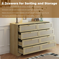 Natural Rattan 8 Drawer Double Dresser Boho Style Wooden Chest With Golden Handles For Bedroom Closet Living Room