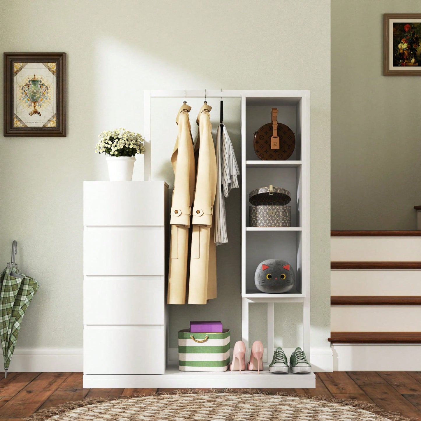 Stylish White Wardrobe With Hanging Rack And Shelves, 4 Drawer Closet Organizer For Bedroom Storage