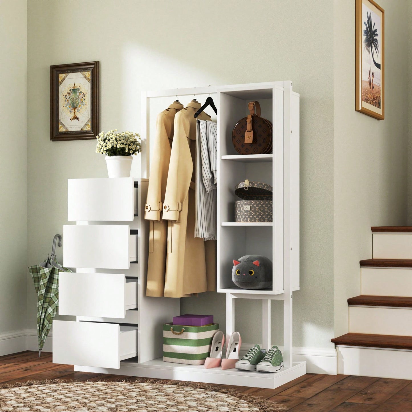 Stylish White Wardrobe With Hanging Rack And Shelves, 4 Drawer Closet Organizer For Bedroom Storage