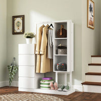 Stylish White Wardrobe With Hanging Rack And Shelves, 4 Drawer Closet Organizer For Bedroom Storage