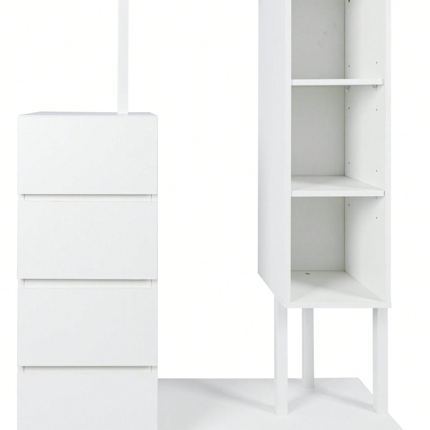 Stylish White Wardrobe With Hanging Rack And Shelves, 4 Drawer Closet Organizer For Bedroom Storage