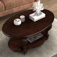 Stylish 42'' Oval Wood Coffee Table For Living Room - 2-Tier Solid Wood Design With Open Storage Shelf, Easy Assembly - Elegant Cherry Finish