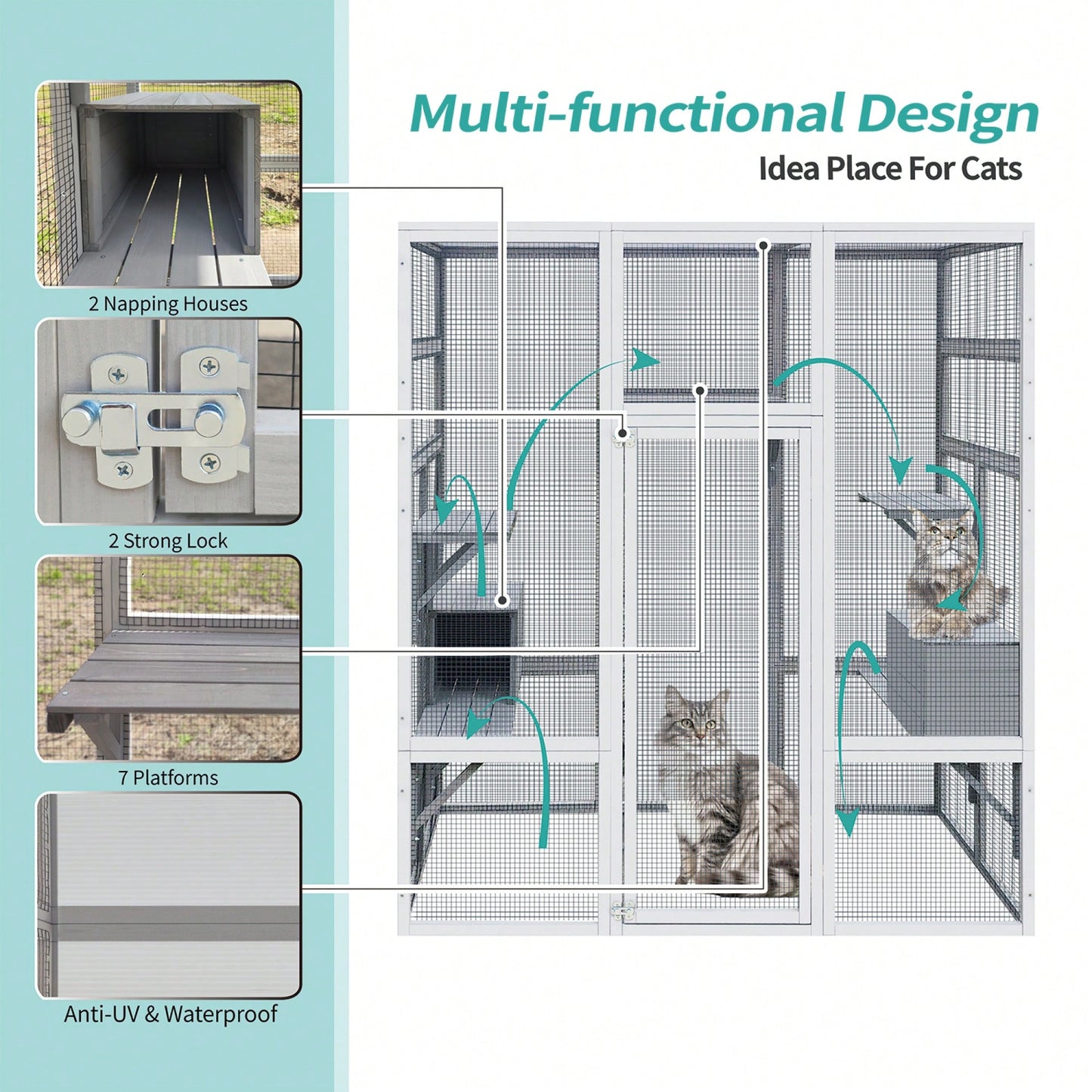 Spacious Outdoor Wooden Cat House With 7 Platforms And 2 Resting Boxes - UV Resistant & Waterproof Cat Shelter Enclosure For Play And Relaxation