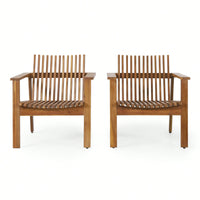 Set Of 2 Outdoor Acacia Wood Slatted Club Chairs With Teak Finish - Stylish Patio Seating, 30D X 28"W X 30.75"H"
