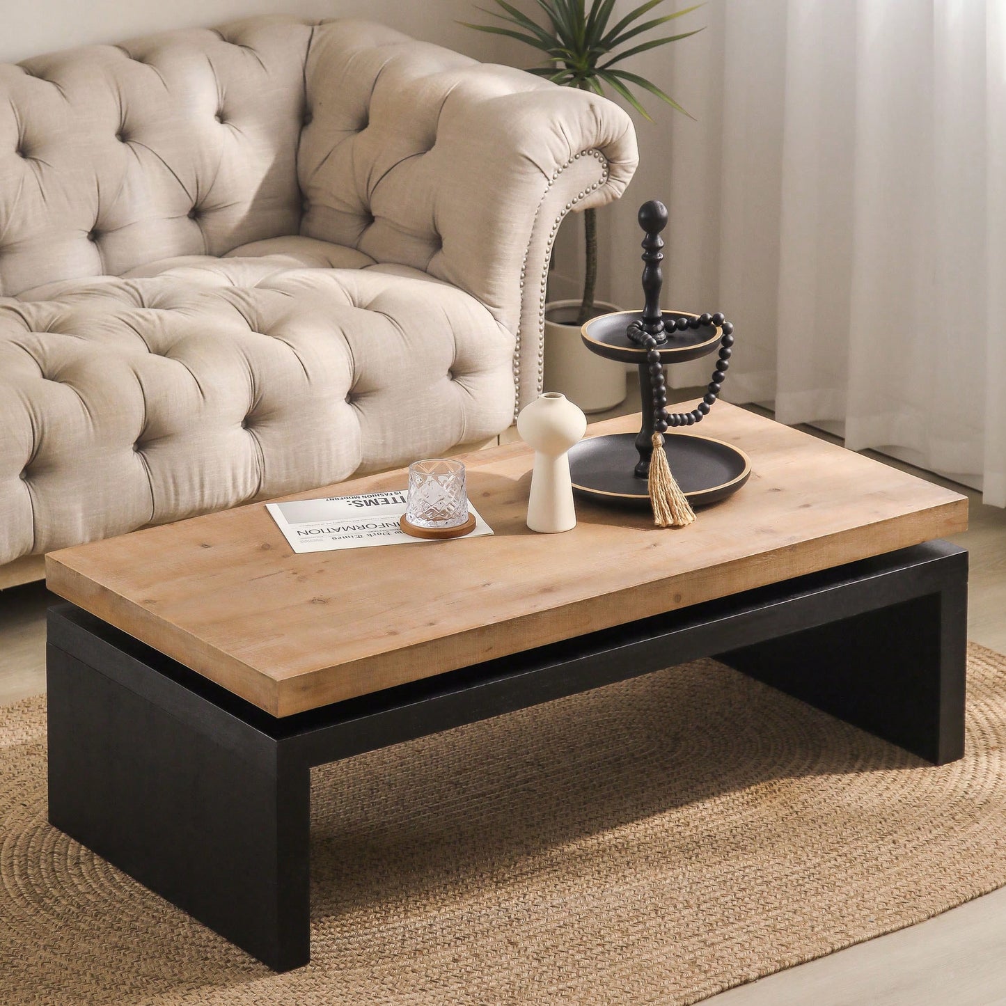 Versatile 2-Tiered Coffee Table With Black And Natural Wood Finish - 47.6" L X 23.6" W X 16.3" H, Ideal For Living Room Decor