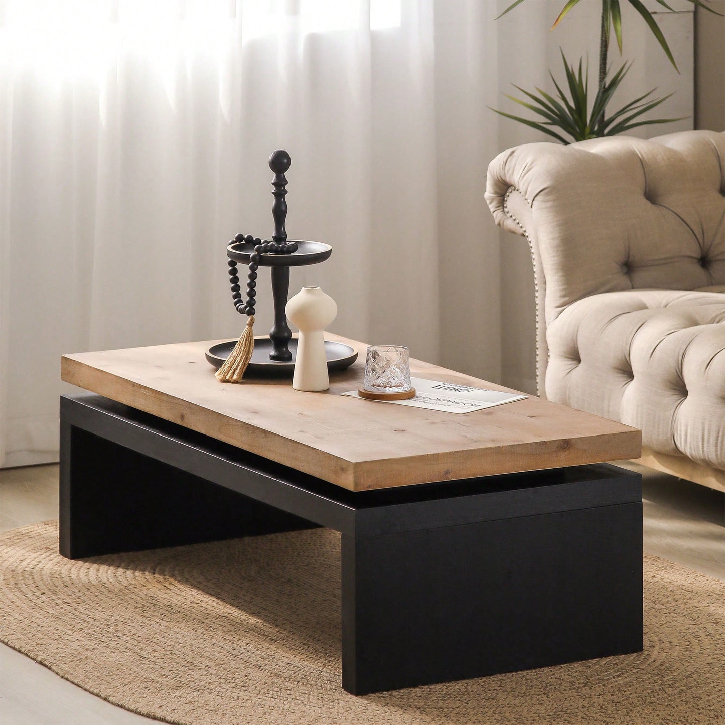 Versatile 2-Tiered Coffee Table With Black And Natural Wood Finish - 47.6" L X 23.6" W X 16.3" H, Ideal For Living Room Decor