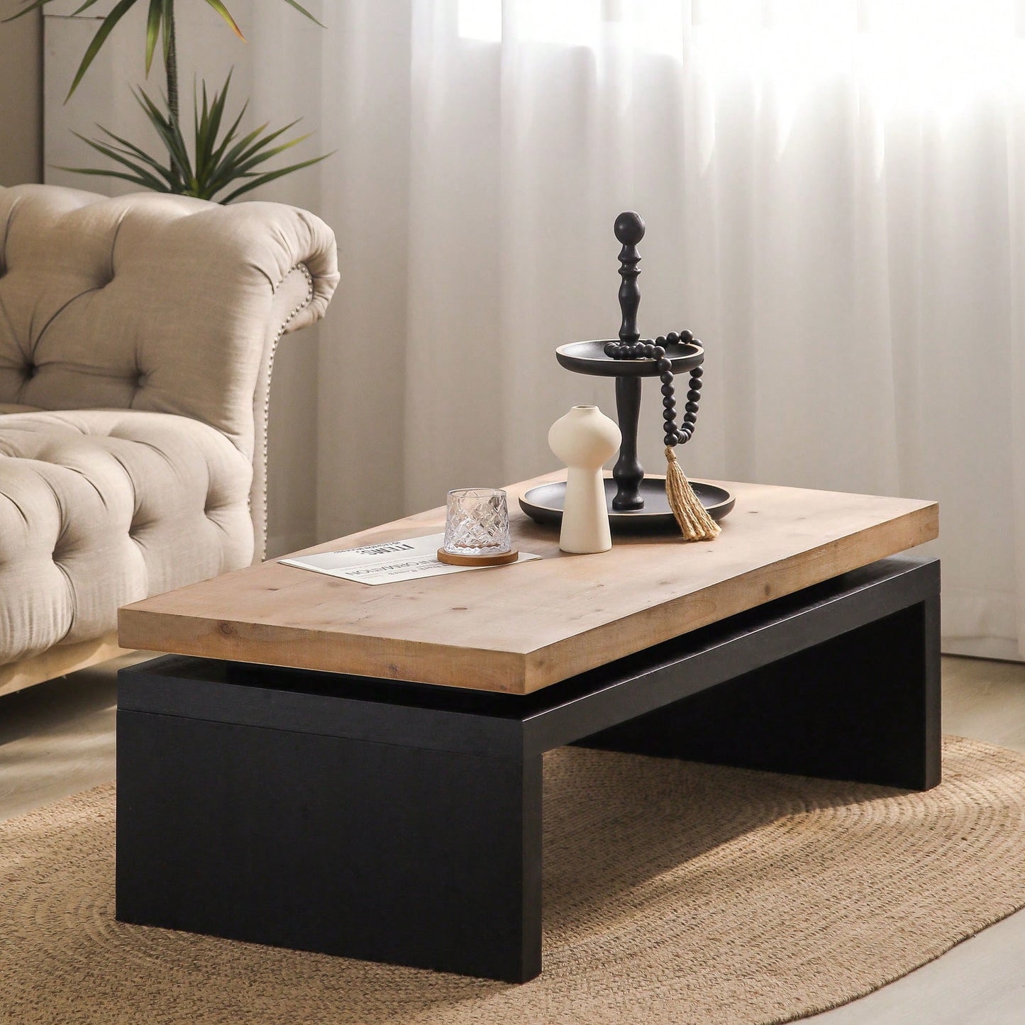 Versatile 2-Tiered Coffee Table With Black And Natural Wood Finish - 47.6" L X 23.6" W X 16.3" H, Ideal For Living Room Decor