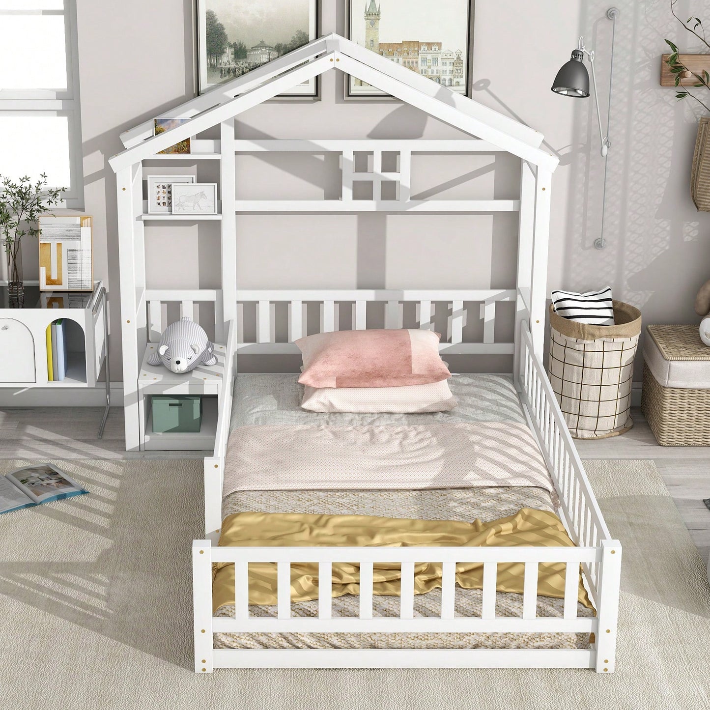 Cozy Twin Size House-Shaped Bed Frame With Guardrails, Slats, And Nightstand - Gray Finish