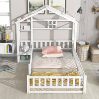 Cozy Twin Size House-Shaped Bed Frame With Guardrails, Slats, And Nightstand - Gray Finish