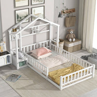Cozy Twin Size House-Shaped Bed Frame With Guardrails, Slats, And Nightstand - Gray Finish