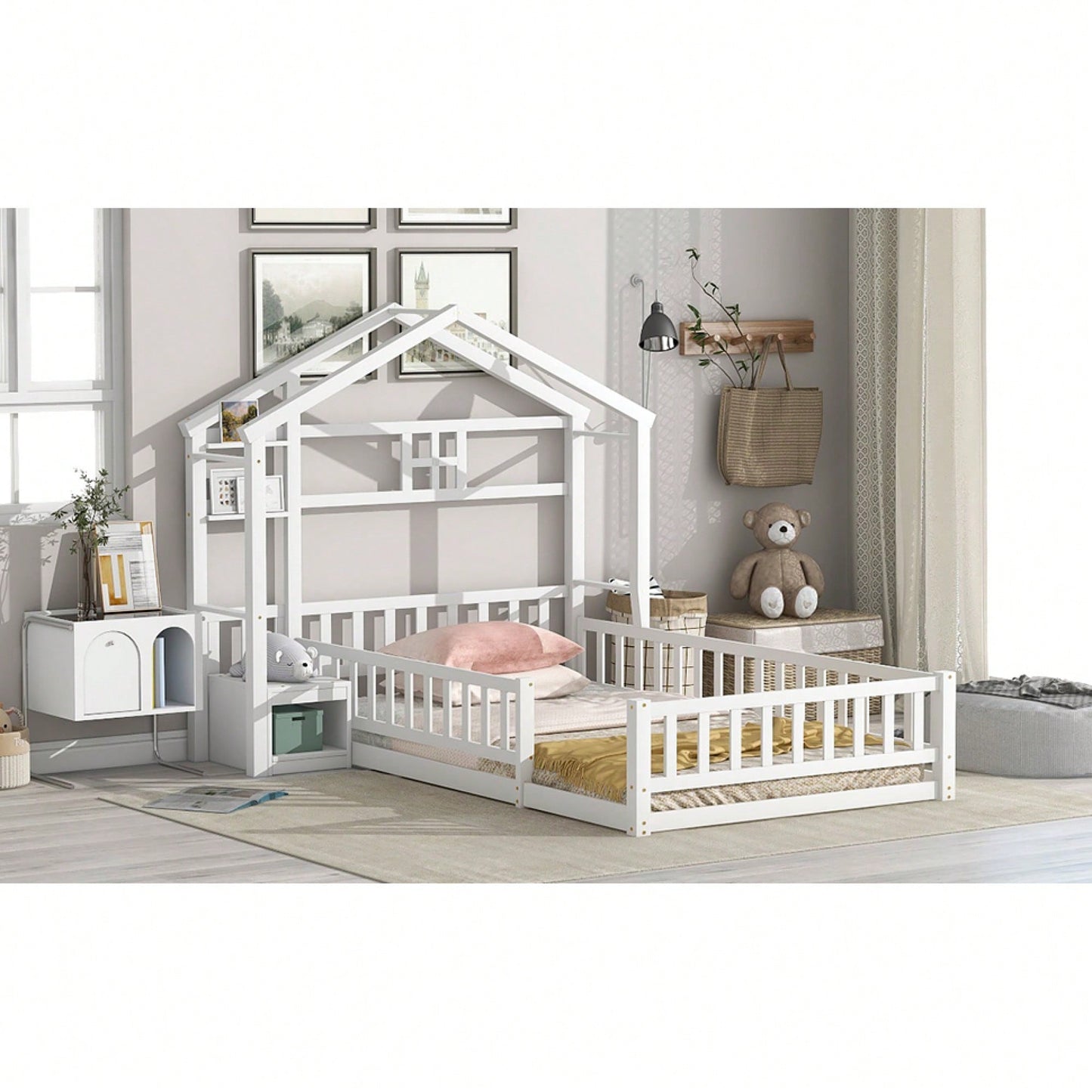 Cozy Twin Size House-Shaped Bed Frame With Guardrails, Slats, And Nightstand - Gray Finish