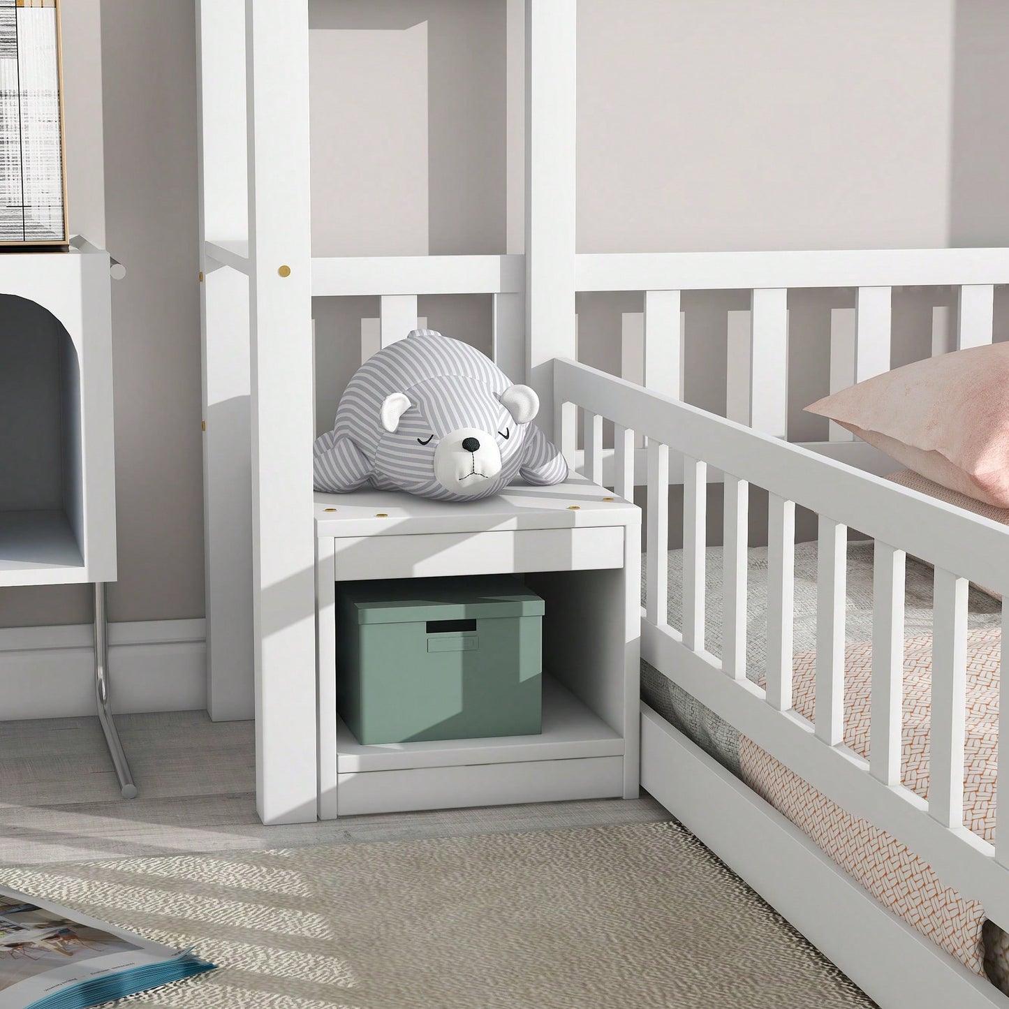 Cozy Twin Size House-Shaped Bed Frame With Guardrails, Slats, And Nightstand - Gray Finish