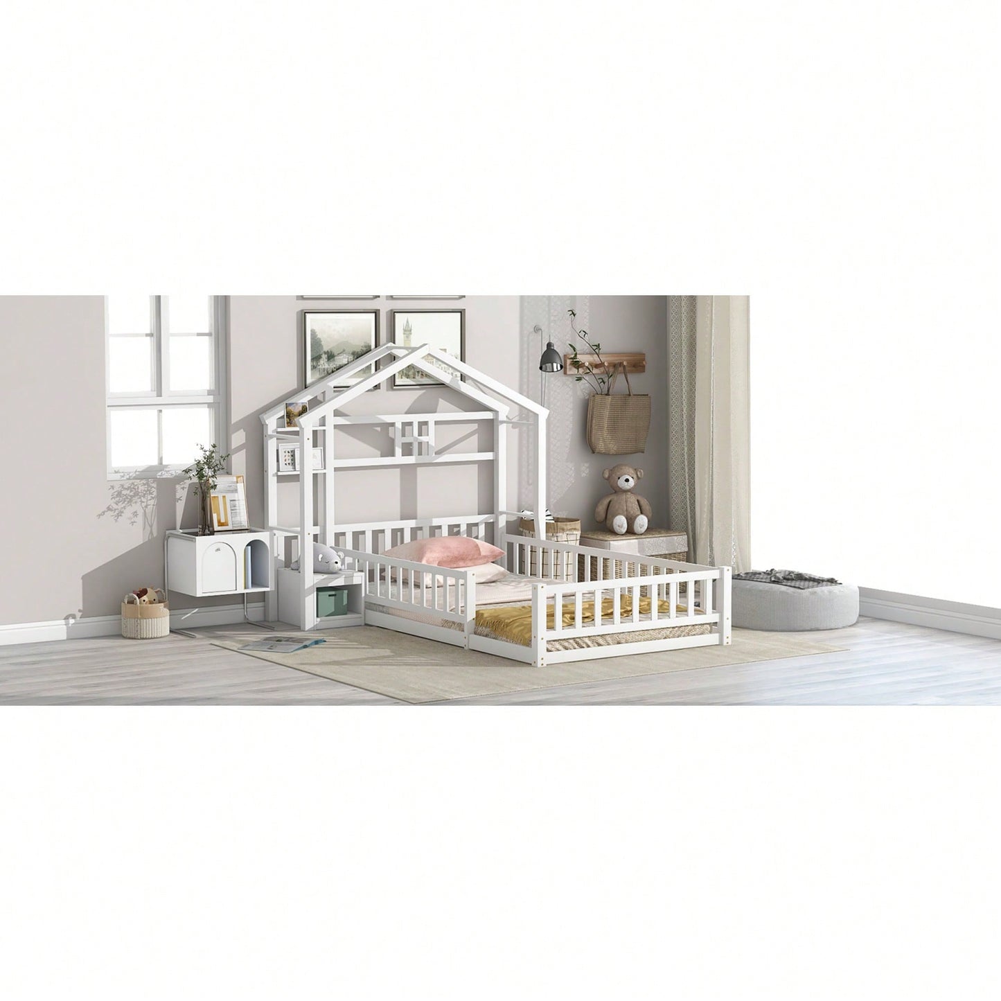Cozy Twin Size House-Shaped Bed Frame With Guardrails, Slats, And Nightstand - Gray Finish