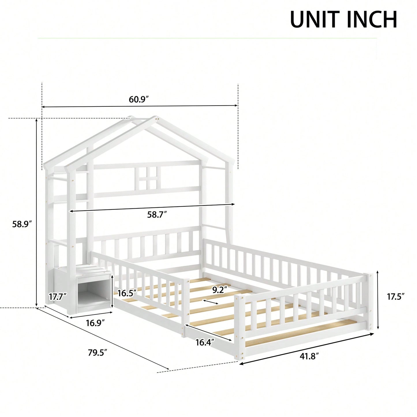 Cozy Twin Size House-Shaped Bed Frame With Guardrails, Slats, And Nightstand - Gray Finish