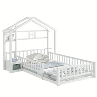 Cozy Twin Size House-Shaped Bed Frame With Guardrails, Slats, And Nightstand - Gray Finish