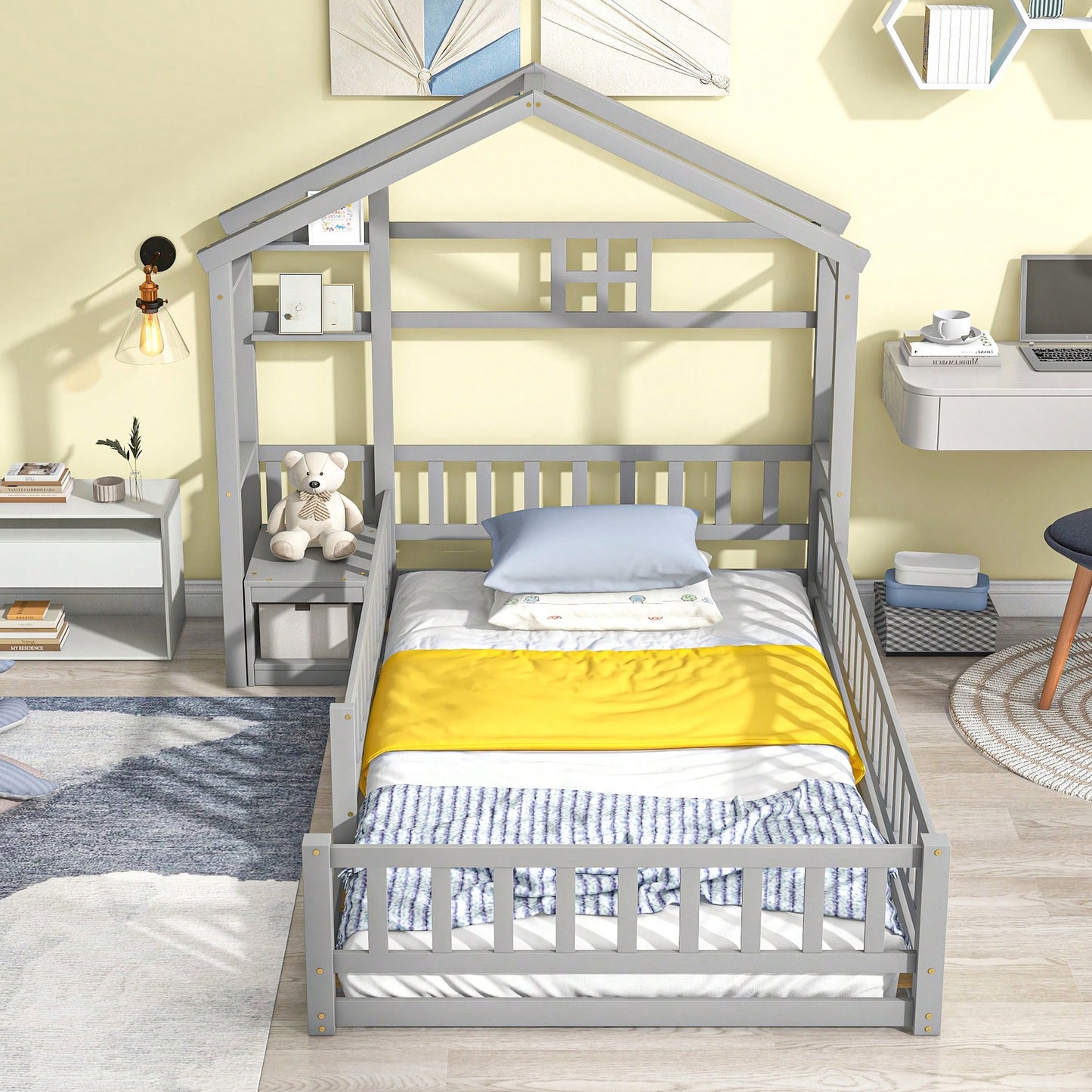Cozy Twin Size House-Shaped Bed Frame With Guardrails, Slats, And Nightstand - Gray Finish