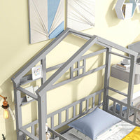 Cozy Twin Size House-Shaped Bed Frame With Guardrails, Slats, And Nightstand - Gray Finish