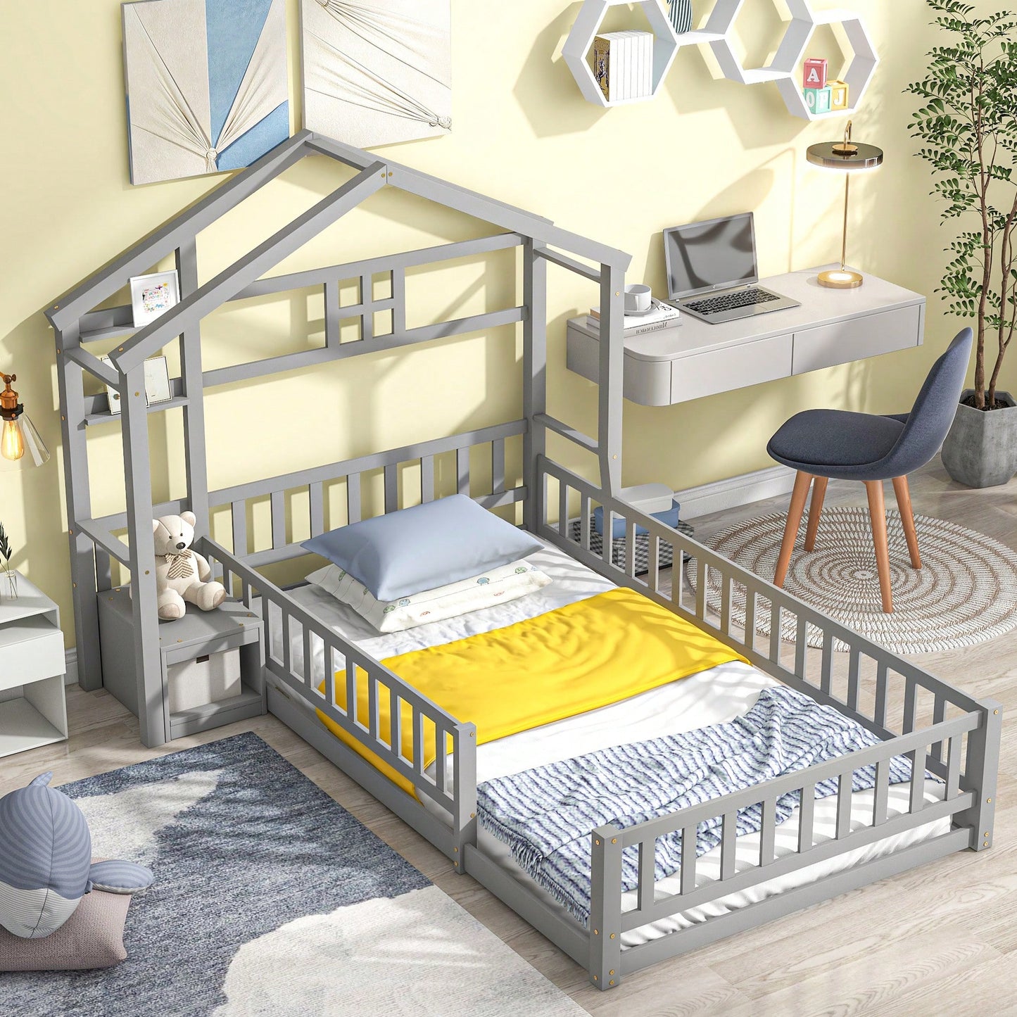 Cozy Twin Size House-Shaped Bed Frame With Guardrails, Slats, And Nightstand - Gray Finish