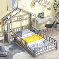 Cozy Twin Size House-Shaped Bed Frame With Guardrails, Slats, And Nightstand - Gray Finish