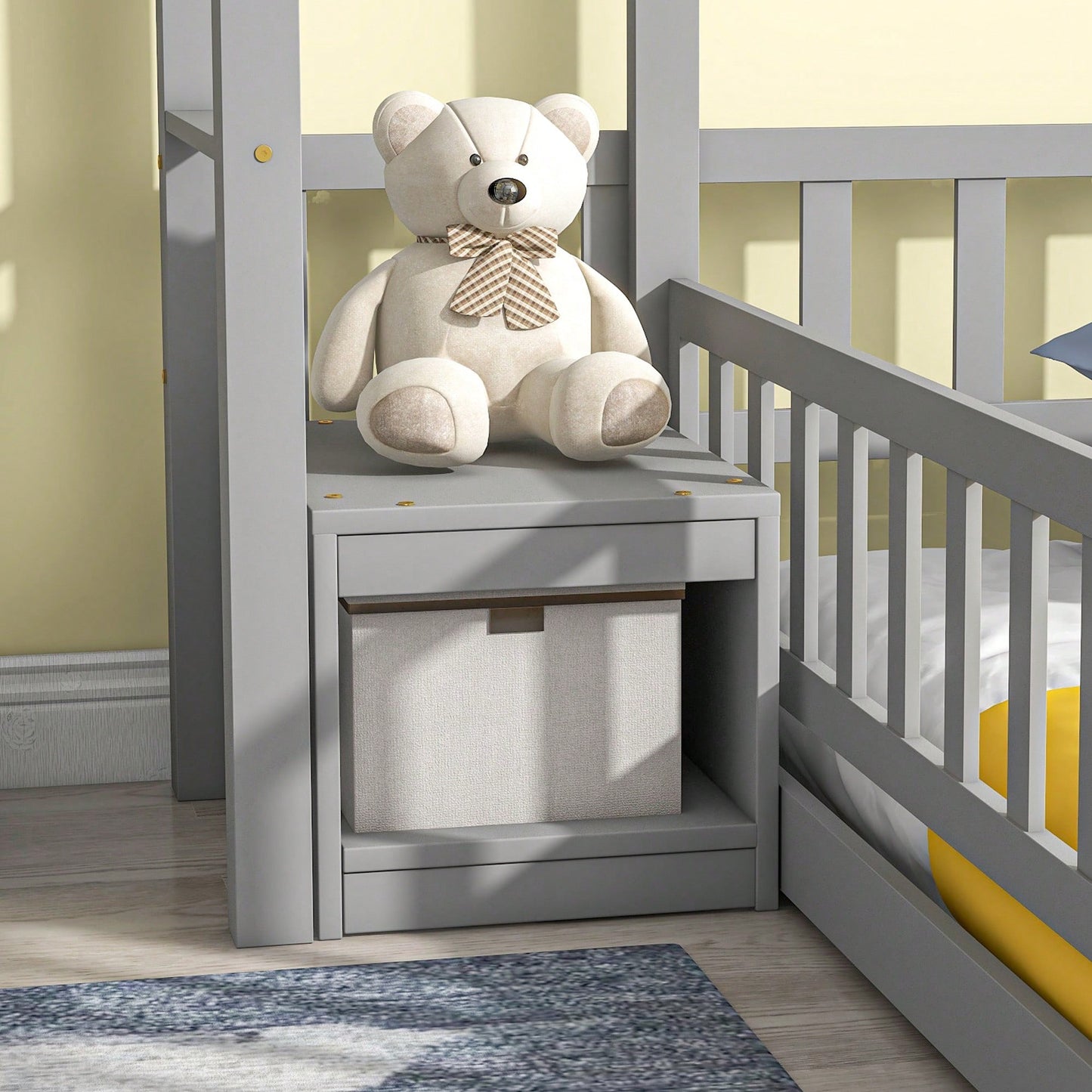 Cozy Twin Size House-Shaped Bed Frame With Guardrails, Slats, And Nightstand - Gray Finish