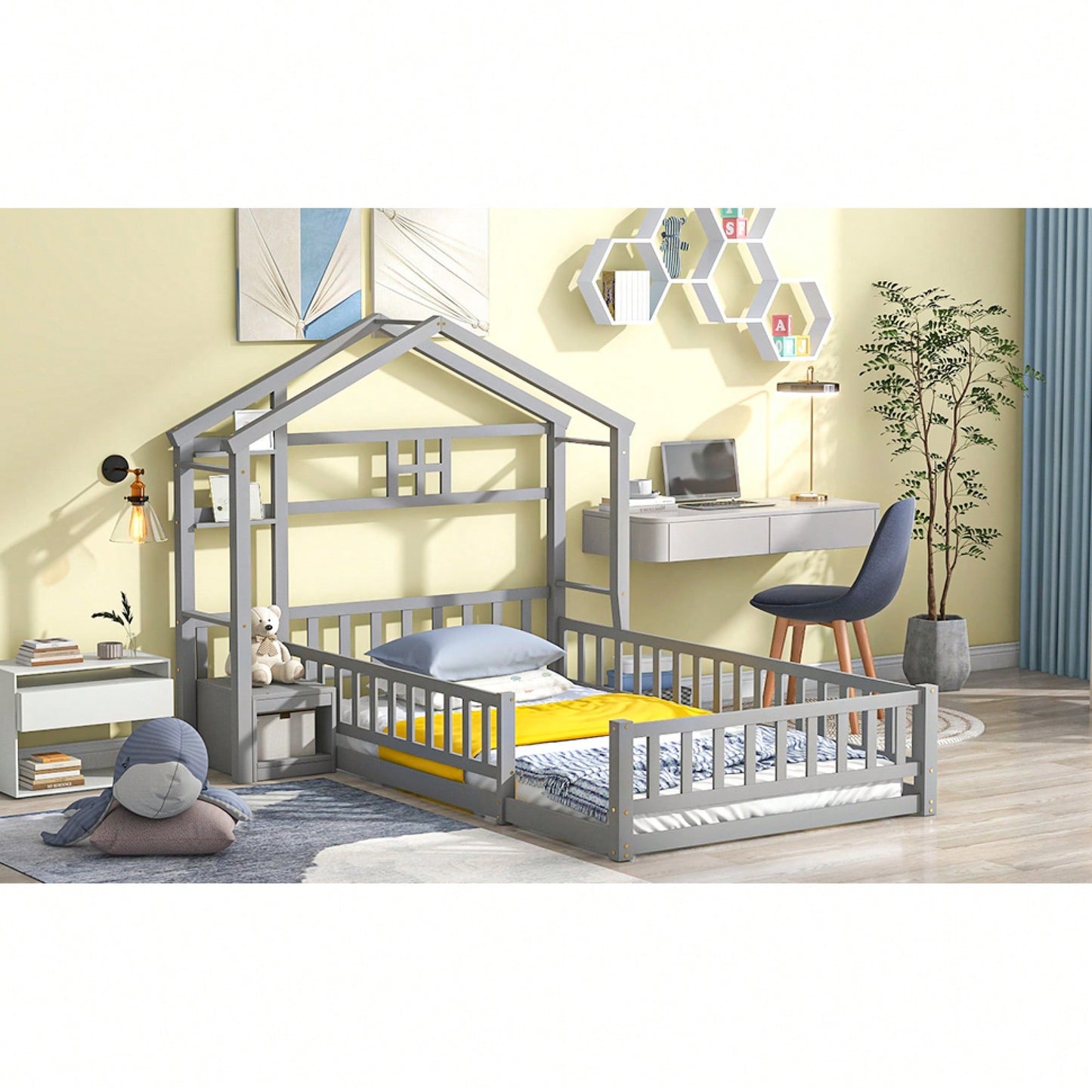 Cozy Twin Size House-Shaped Bed Frame With Guardrails, Slats, And Nightstand - Gray Finish