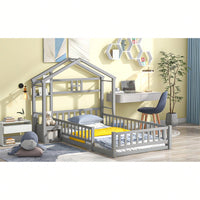 Cozy Twin Size House-Shaped Bed Frame With Guardrails, Slats, And Nightstand - Gray Finish
